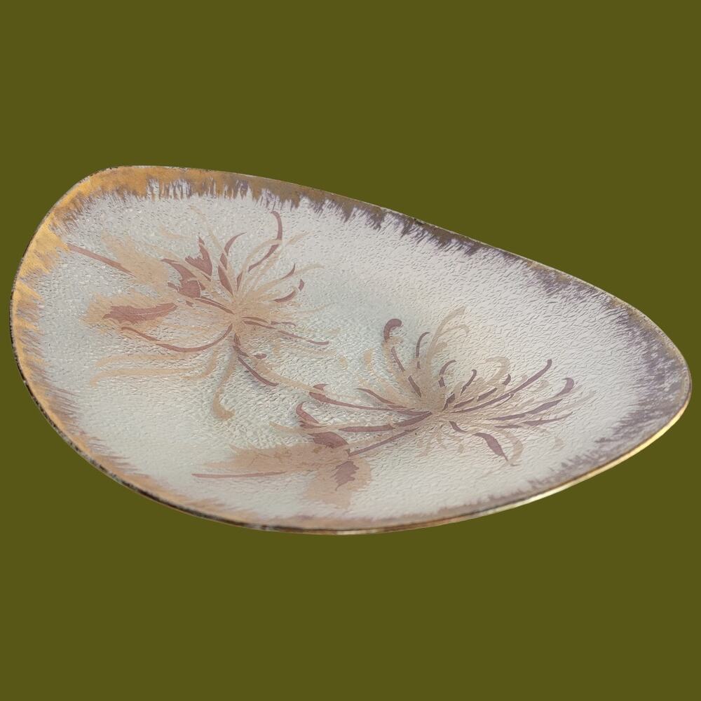 Vintage 1950s MCM Gold Embellished Textured Art Glass Bowl by Dorothy Thorpe